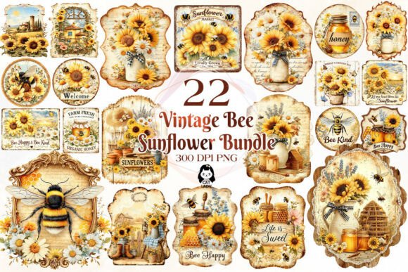Download Vintage Bee Honey Sunflower Label Bundle - Bee Collection
